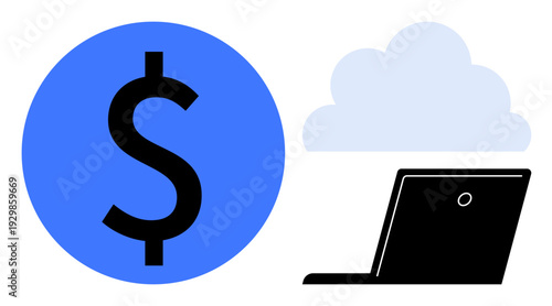 Fintech, cloud services, digital economy, technology, online banking, remote work. Dollar sign, laptop cloud graphic. Fintech and cloud services through minimalistic design elements