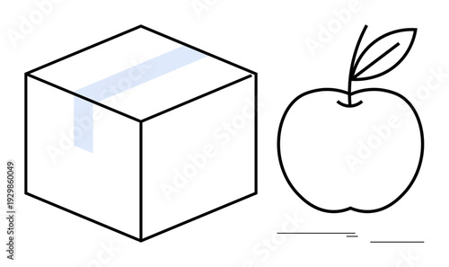 Simple box with tape line and an outlined apple with a stem and leaf. Ideal for packaging, storage, fruit, shipment, balance, diet, education concepts. A simple flat metaphor