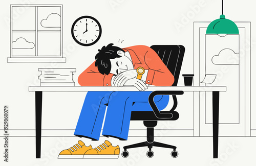 Tired lazy man sleeping at the office desk resting his head on the table. Humorous concept of tiredness, laziness and slowness of the workplace. Soft interior lighting.