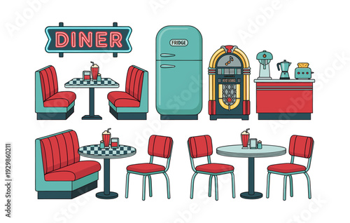 Retro diner elements including furniture, appliances, and a jukebox, illustrating 1950s and mid-century American style