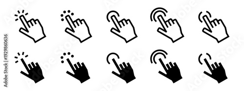 Conjunto de iconos de clic de dedo. Interacción táctil, acción digital, selección de opciones, navegación intuitiva, control manual. Ilustración vectorial lineal