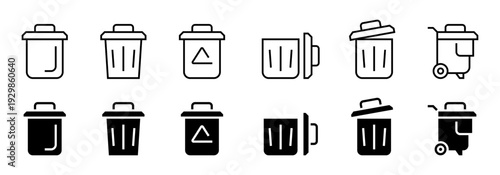 Conjunto de iconos de contenedores de basura. Gestión de residuos, reciclaje sostenible, eliminación de desechos, limpieza urbana, control ambiental. Ilustración vectorial lineal