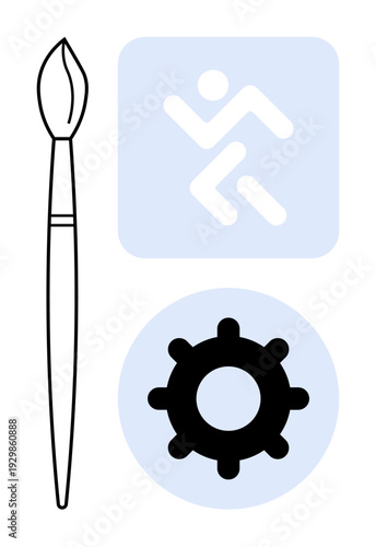 Creative process through a paintbrush, gear icon, and abstract running figure. Creativity drives innovation, productivity, and artistic growth. For design, marketing, technology education teamwork