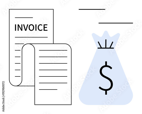 Invoice document alongside dollar-sign money bag indicating financial transactions, business payments, and accounting. Ideal for finance, billing, bookkeeping, cost management, accounting