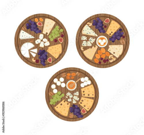 Three charcuterie boards featuring a selection of cheeses, fresh grapes, dried fruits, almonds, walnuts, and honey