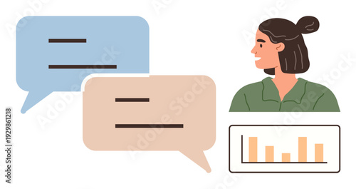 Communication, team collaboration, data analysis, workplace productivity, information sharing, professional growth. Woman with chat bubbles and a bar chart. Communication and team collaboration