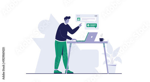 Vector illustration of a man working on a laptop