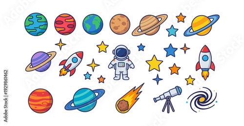 Space themed cartoon illustrations with astronaut, planets, rockets, stars, comets, telescope and galaxy on white background