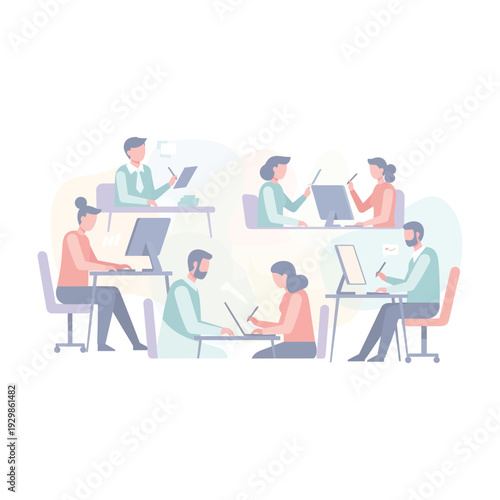 Group of people working on laptops in a modern office setting.