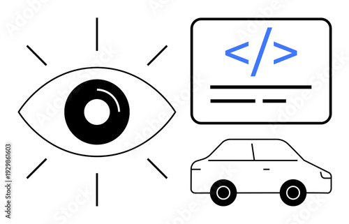 Artificial intelligence, coding, machine learning, surveillance, car automation, visual processing. Eye symbol, coding graphic and car icon. Artificial intelligence and coding technology concept