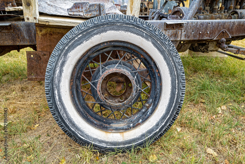 Canvas-taulu An antique whitewall tire with spokes is resting in the grass