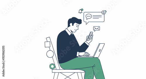 Vector illustration of man sitting with laptop and phone