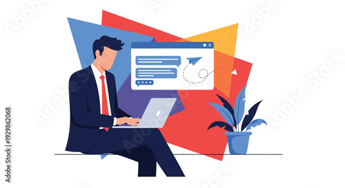 Vector illustration of businessman working on laptop with website on screen