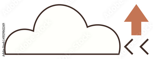 Cloud computing, file sharing, data storage, digital transfer, software development, coding. Minimalistic cloud icon with an upward arrow and coding brackets. Cloud computing and file sharing concept