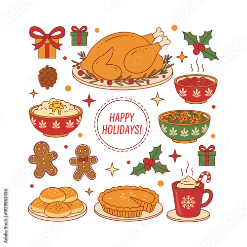 Holiday dinner food icons, featuring roasted turkey, mashed potatoes, cranberry sauce, green bean casserole, gingerbread cookies, pumpkin pie, bread rolls, and hot cocoa