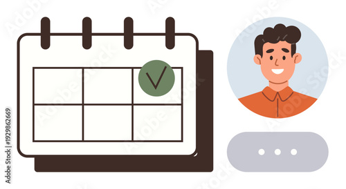 Time management, task planning, workflow organization, event scheduling, productivity tracking, work-life balance. Calendar with a checkmark, smiling person avatar menu dots. Time management