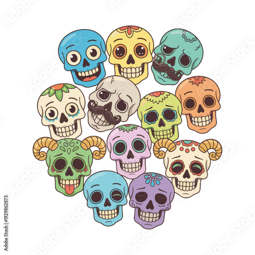 Colorful cartoon sugar skulls cluster illustrating the spirit of Día de Muertos holiday with decorative details and expressions