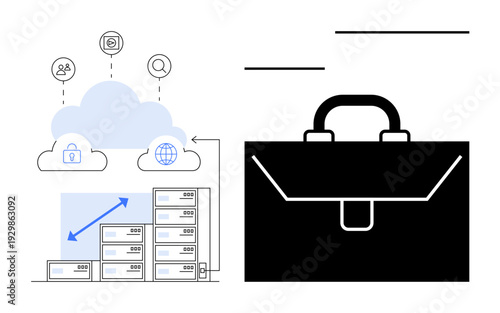 Digital transformation, cloud computing, data management, business solutions, technology services, networking. ion of cloud connections, servers and a briefcase. Digital transformation and cloud