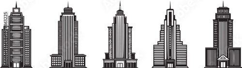 Black and white illustration of five skyscrapers in a row