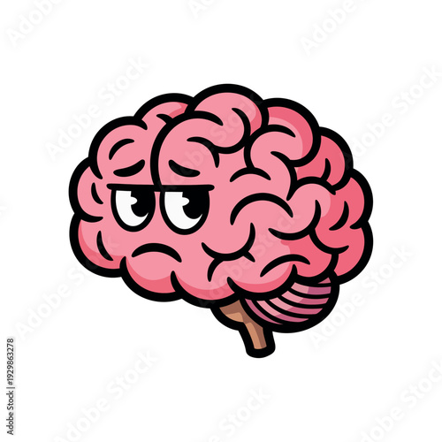 A cartoon brain with a sad expression on its face looks dejected and unhappy with itself.