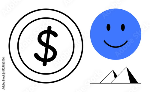 Finance concept. a dollar sign symbol alongside a blue happy face and geometric pyramids. Finance links to wealth, happiness, and cultural exploration. Perfect for fintech, global economics, travel