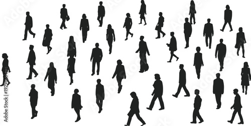 Black Silhouettes of People Walking and Standing Isolated on White Background Representing a Crowded Urban Street or Busy Commuter Group