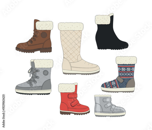 Assorted winter boots featuring a range of stylish and cozy footwear for women and kids