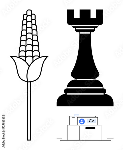 Agriculture, chess strategy, and work data. Agriculture illustrated with corn, chess strategy by a rook, and work data through CV folders. For farming, planning, and employment concepts