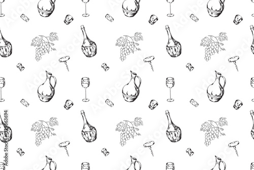Seamless wine pattern with hand drawn vineyard, bottles, barrel, corkscrew and glasses in vintage engraving style. Monochrome winery repeat background for textile, wrapping paper and packaging design.