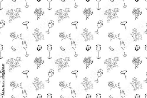 Seamless wine pattern with hand drawn vineyard, bottles, barrel, corkscrew and glasses in vintage engraving style. Monochrome winery repeat background for textile, wrapping paper and packaging design.