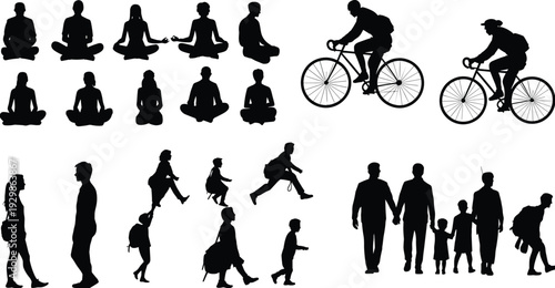 Collection of Black Silhouettes Featuring People Meditating Cycling Walking and Families with Children Isolated on White Background for Diverse Lifestyle Design
