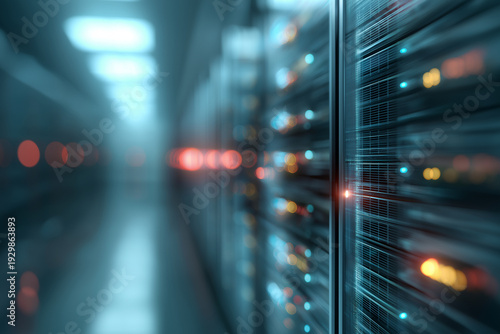 Long corridor of data servers glowing with colorful lights.