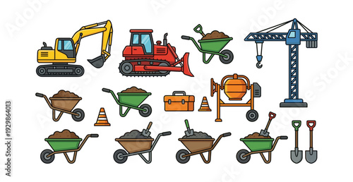 Collection of construction machines and tools including excavator, bulldozer, crane, cement mixer, wheelbarrows, and shovels