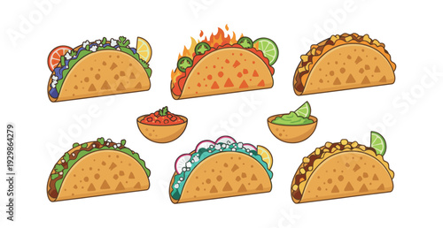 Assorted vector tacos with different ingredients, representing a complete meal with accompanying dips like salsa and guacamole