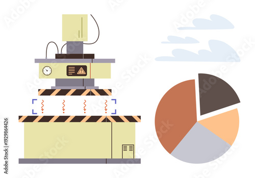 Industrial safety, data analysis, productivity, technology, industry report, performance evaluation. A machine with caution signs and a pie chart. Industrial safety and data analysis concept