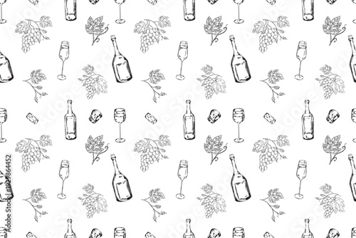 Seamless wine pattern with hand drawn vineyard, bottles, barrel, corkscrew and glasses in vintage engraving style. Monochrome winery repeat background for textile, wrapping paper and packaging design.