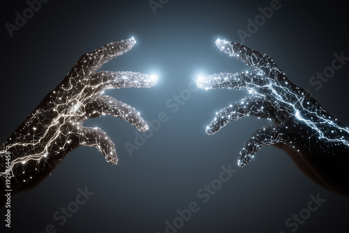 Two hands connect with luminous white and blue lightning energy sparks.