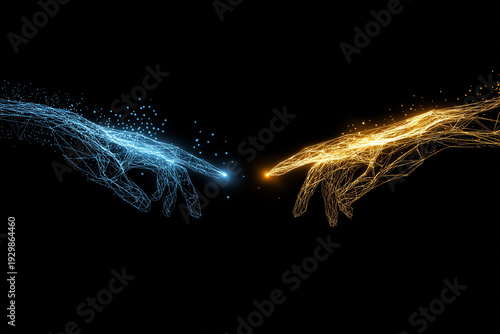 Two glowing digital hands almost touching fingers on a dark background.