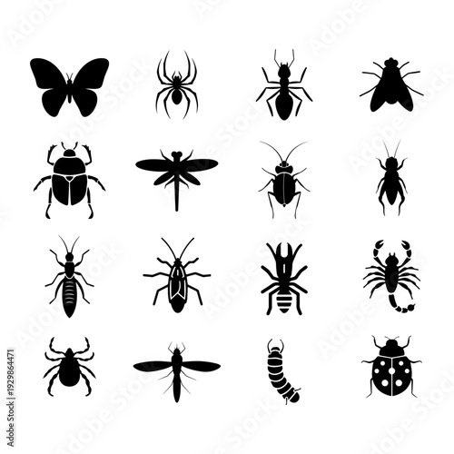 Insect and Bug Silhouette Icon Set with Butterfly Spider Ant and Beetle Symbols
