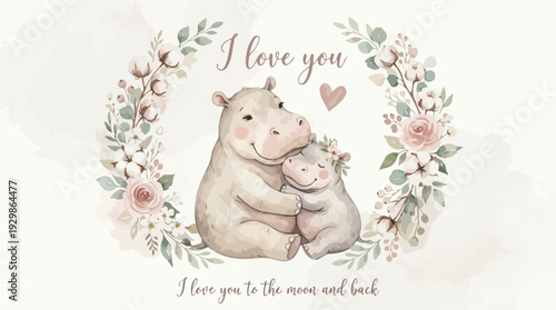 Boho Watercolor Hippo Mom and Baby Nursery Wall Art with Floral Wreath and Love Quote