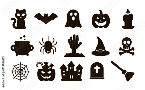 Halloween Spooky Character and Mystery Object Icon Set in Black Silhouette Style