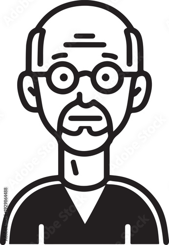 Hand Drawn Old Man Black and White Avatar Illustration in Minimal Line Art Style Design
