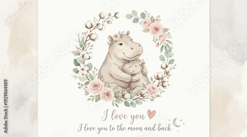 Boho Watercolor Hippo Mom and Baby Nursery Wall Art with Floral Wreath and Love Quote