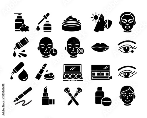 Skincare and Beauty Cosmetic Icon Set with Makeup and Facial Treatment Symbols