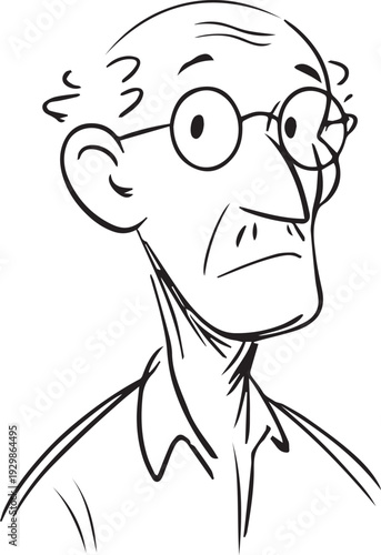 Hand Drawn Old Man Black and White Avatar Illustration in Minimal Line Art Style Design