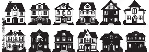 Collection of various architectural house styles in black silhouette