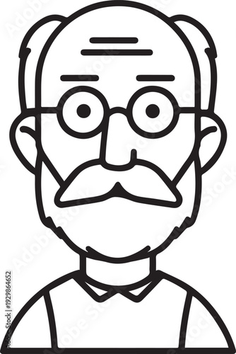 Hand Drawn Old Man Black and White Avatar Illustration in Minimal Line Art Style Design