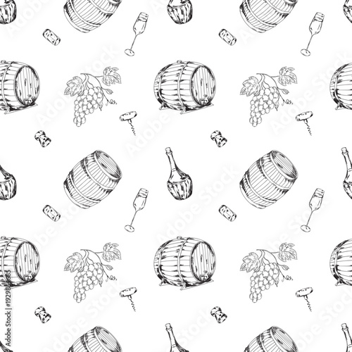 Seamless wine pattern with hand drawn vineyard, bottles, barrel, corkscrew and glasses in vintage engraving style. Monochrome winery repeat background for textile, wrapping paper and packaging design.