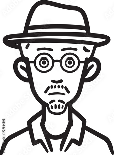 Hand Drawn Old Man Black and White Avatar Illustration in Minimal Line Art Style Design