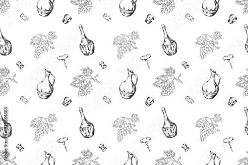 Seamless wine pattern with hand drawn vineyard, bottles, barrel, corkscrew and glasses in vintage engraving style. Monochrome winery repeat background for textile, wrapping paper and packaging design.